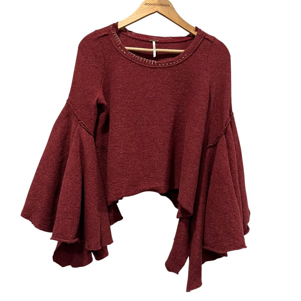 Free People Damsel Sleeves Cropped Top, Cotton Linen, Burgundy, S
